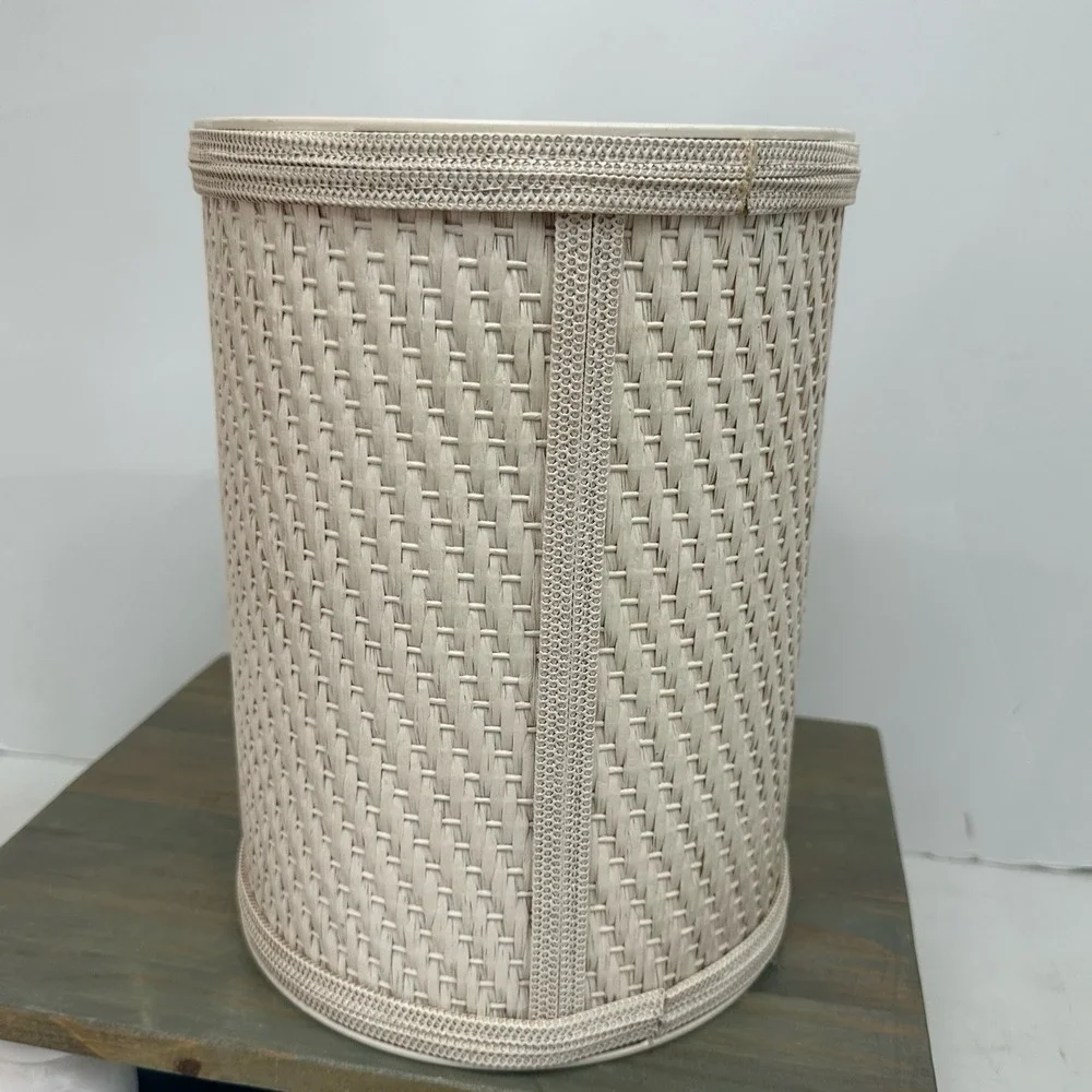 Vintage Woven Wicker & Plastic Wastebasket Trash Can White Cottagecore Beach